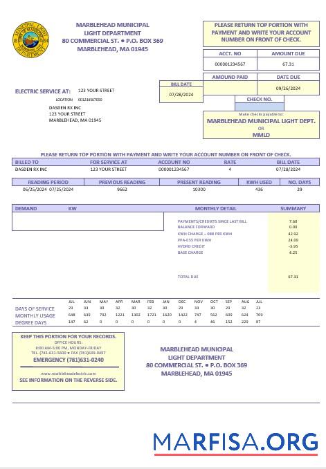 Blank USA Marblehead Municipal Light Department business utility bill template in Word and PDF formats